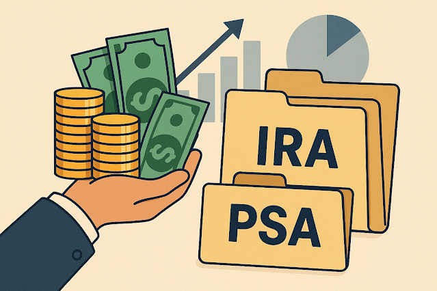 IRP와 PSA 폴더, 손에 든 동전과 지폐, 투자 그래프를 표현한 클립아트