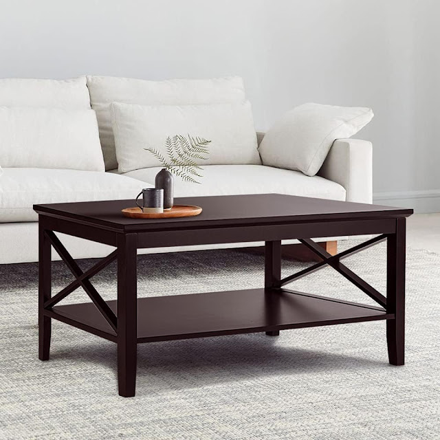 ChooChoo Oxford Coffee Table with Thicker Legs, Espresso Wood Coffee Table with Storage for Living Room