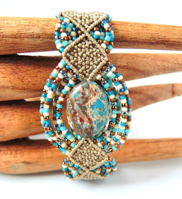 Woven Diamonds micro macrame bracelet with aqua terra stone by Sherri Stokey.