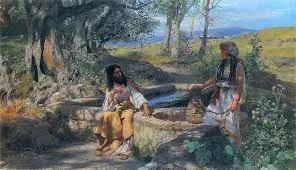 Jesus sentado junto da fonte de Jacó e a samaritana