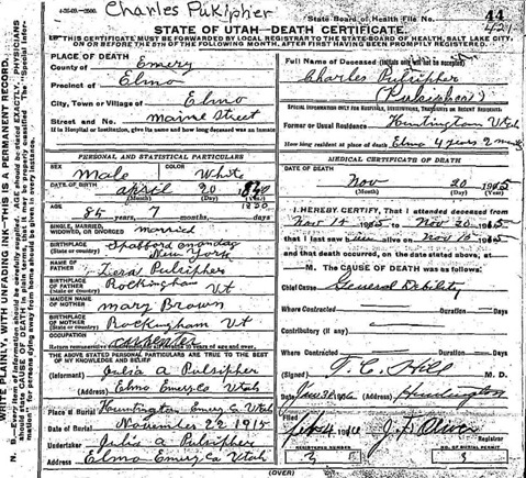 Death Certificate of Charles Pulsipher Sr