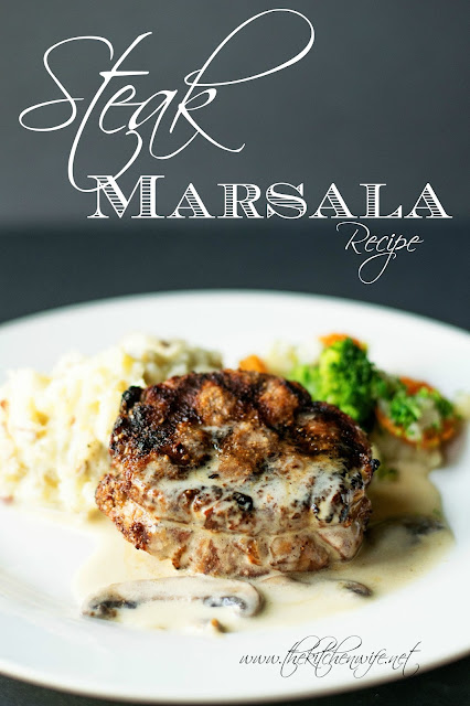 A picture of the steak Marsala on a plate with mashed potatoes and steamed vegetables.