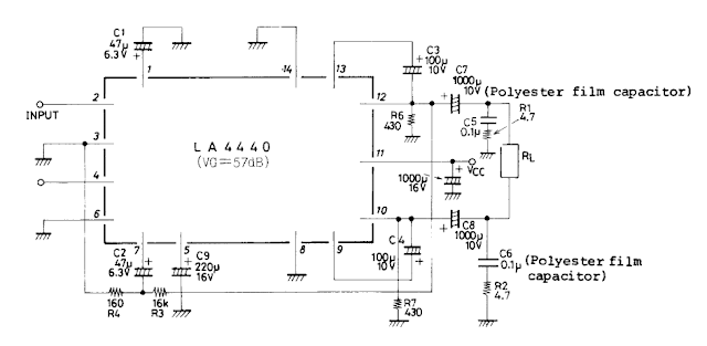 Bridge Circuit diagram for LA4440 Audio Amplifier 2x6w / 1x19W