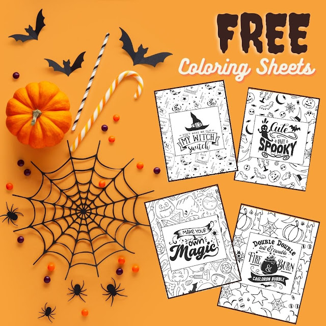 Free Halloween Coloring Printable Sheets (Witches, ghosts, brooms, spider webs, bats) for kids, tweens, and adults
