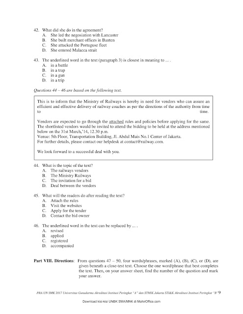 Soal + Jawaban Pra UN B. Inggris SMK/MAK TKP Paket A & B