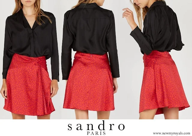 Queen Letizia wore Sandro V-Neck Silk Shirt in Black