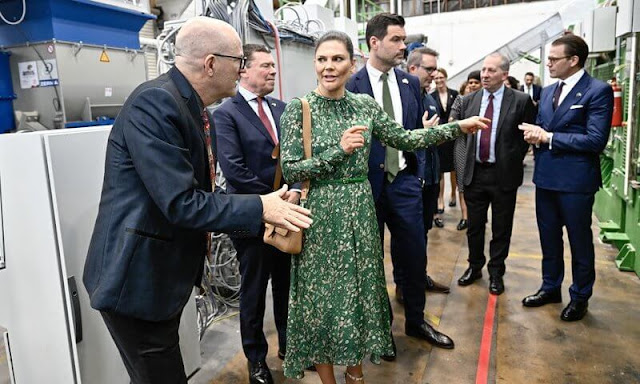 Crown Princess Victoria wore a green floral print dress by H&M. Decadent Nicky bag. Valentino Rockstud espadrille