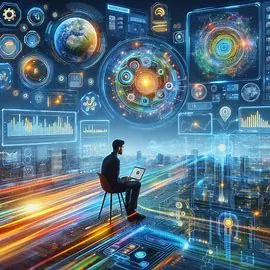 Generate an image of ChatGPT-4 processing text, audio, and visual data simultaneously, highlighting its multimodal capabilities and speed improvements