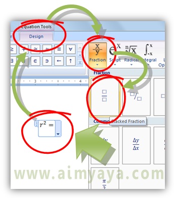  Gambar: Cara membuat rumus matematika dengan equation editor (fraction)  di microsoft word