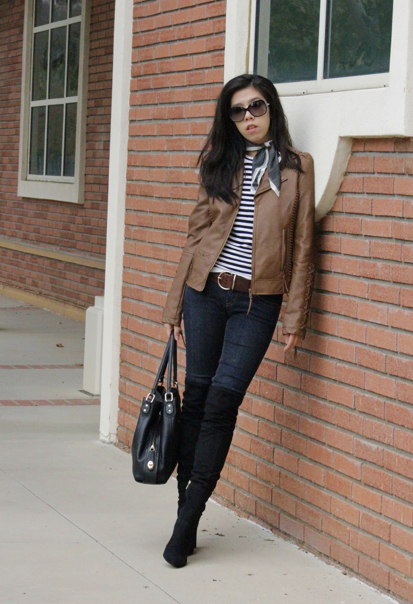 What to wear with a Polka Dot Scarf Ascot - Big Brown Leather Buckle Belt with Skinny Jeans - Adrienne Nguyen