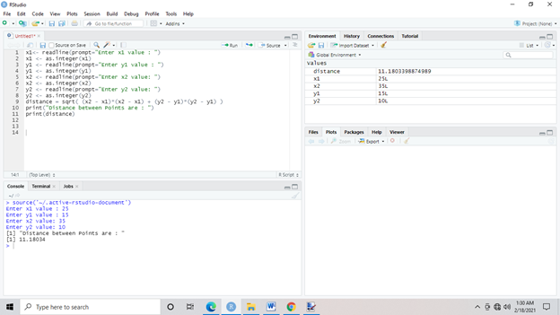 Accept the x and y coordinates of two points and computes the distance between the two points.