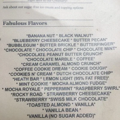 ice cream flavors menu at Fentons Creamery in Oakland California