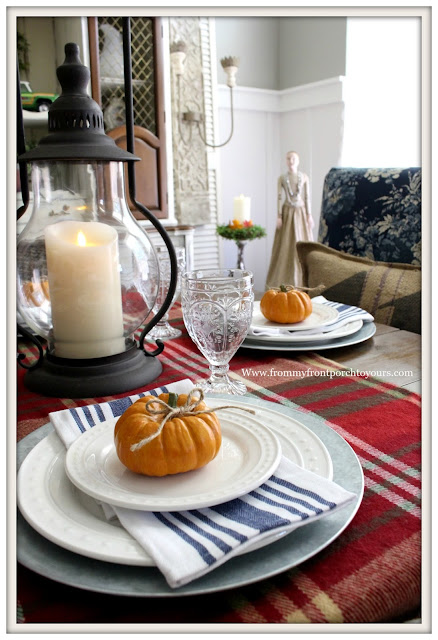 French Farmhouse Style Fall Dining Room-Fall Table Setting-Pumpkins-From My Front Porch To Yours