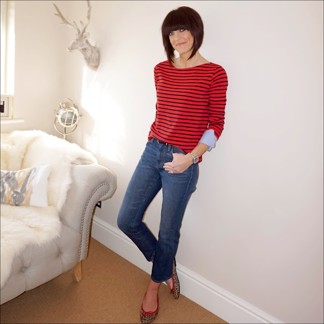 My Midlife Fashion, j crew striped boatneck t shritw ith build in cuffs, j crew cropped jeans, french sole leopard print india ballet pumps