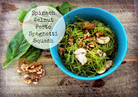 spaghetti squash with pesto, spinach, and walnuts