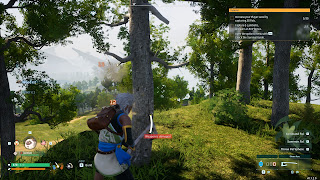 The player using a damaged Axe on a tree in Palworld. Not very efficient!