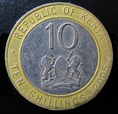 Obverse of 2005 Kenya 10 Shillings, date, denomination, arms