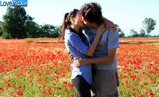 Love Couple Hug Kiss Fun Romantic Flowers