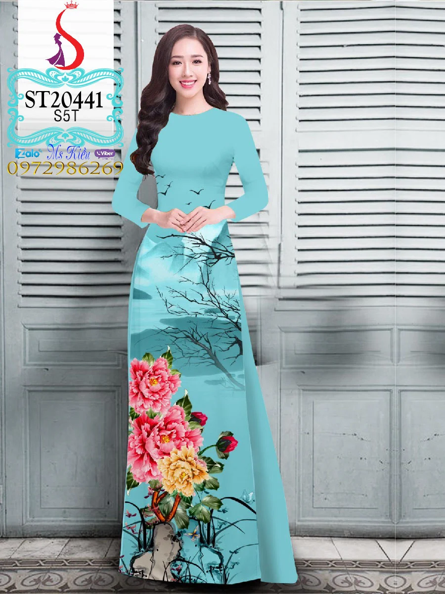 Duyên dáng thời trang với áo dài hoa mẫu đơn rất đẹp ST441450