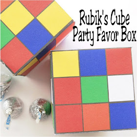 Have a little fun at your 80s party with these fun printable Rubik's Cube party favor boxes.  Print out these treats for your dessert table or party bags and fill with yummy party treats for the perfect gift for your guests. #rubikscube #80sparty #partyfavor #diypartymomblog