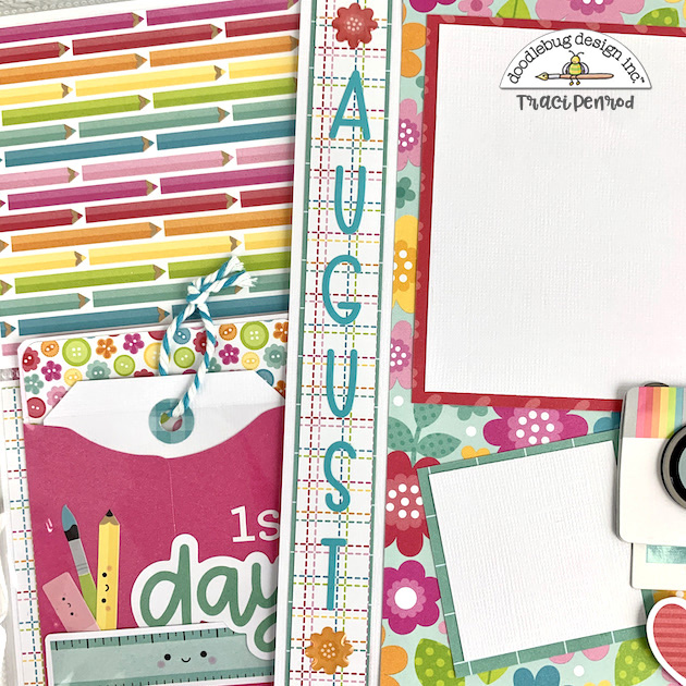 8x8 Crafty Scrapbook Page with colored pencils, a tag, twine, and colorful flowers