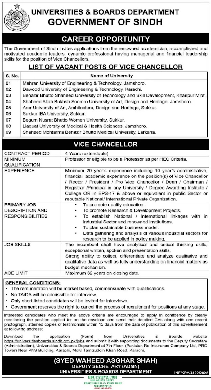 Sindh Vice Chancellor Jobs At Universities & Boards Department 2022