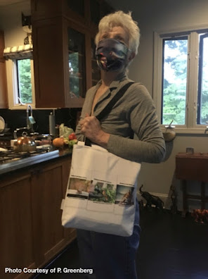 This picture features a woman “modeling” one of  the tote bags I have designed. She is standing at a kitchen counter and wearing my cardinal-themed PPE face-mask (info re the mask is @ https://bit.ly/30GjD6t)  Her tote has a white background and it is hanging from a strap over her shoulder and across her body. The image on the tote is of the covers of my three volume book series, “Words In Our Beak.” The tote is made of poly-poplin. My totes come in three sizes (13” by 13," 16" by 16," and 18" by 18") each item the one seen here is 18” by 18.” Each tote includes a one inch strap for easy carrying on your shoulder. All seams are double stitched for added durability. These are machine washable (in cold water) and the same image (in this case  – as  previously stated — that image is of the book jackets for my three volume book series, “Words In Our Beak.”**) is printed on both sides. *Info re this tote is @ http://bit.ly/2UlBrRU **Info re these books is @ http://bit.ly/2EdADpx