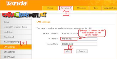 ubah alamat IP LAN ke segmen yang sama dengan router uplink