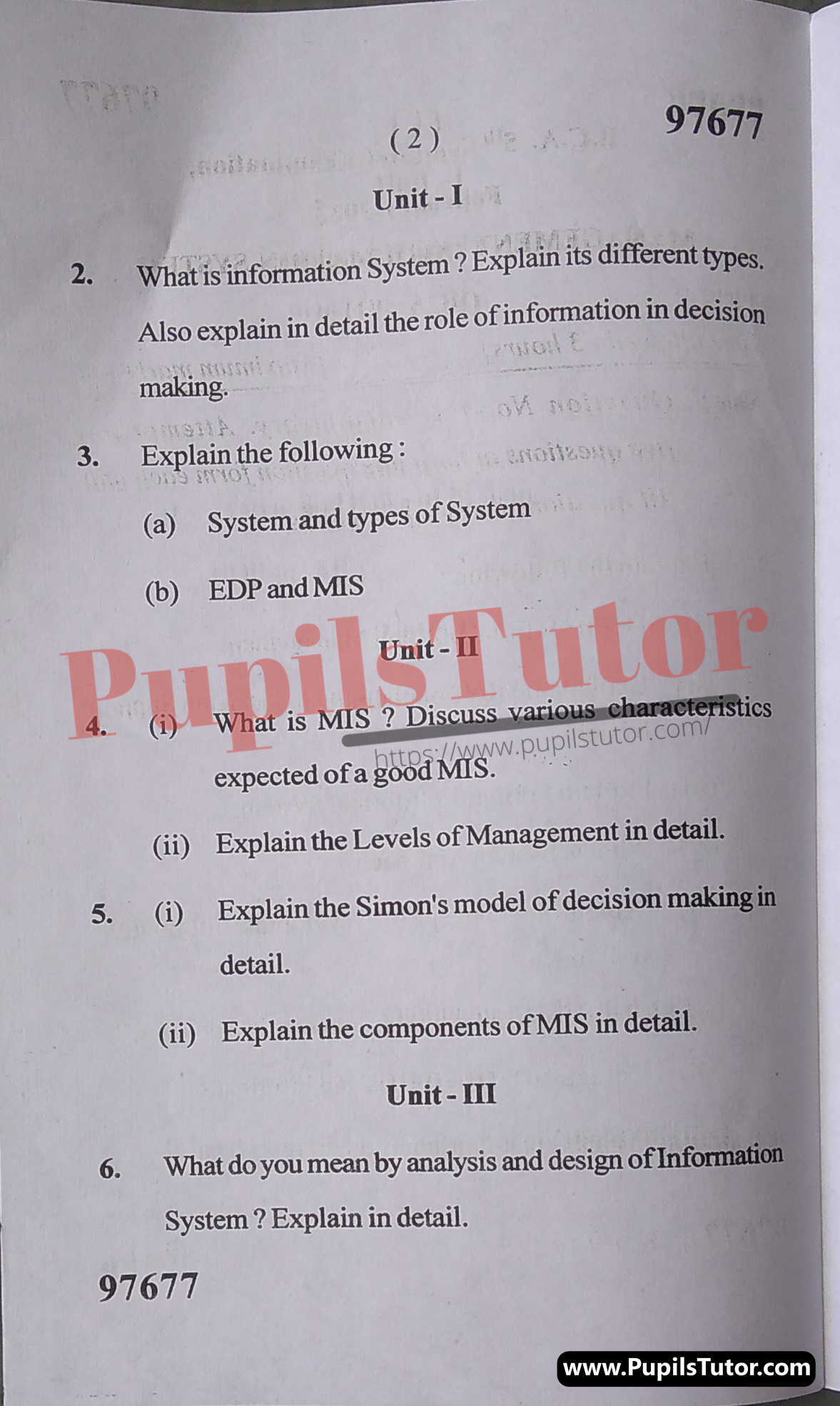 Maharshi Dayanand University BCA 3rd Year Question Paper For Management Information System Subject (Question Paper Code – 97677) M.D. University B.C.A Management Information System (BCA-301) 5th Semester Important Question Answer And Solution - www.pupilstutor.com (Paper Page Number 2)