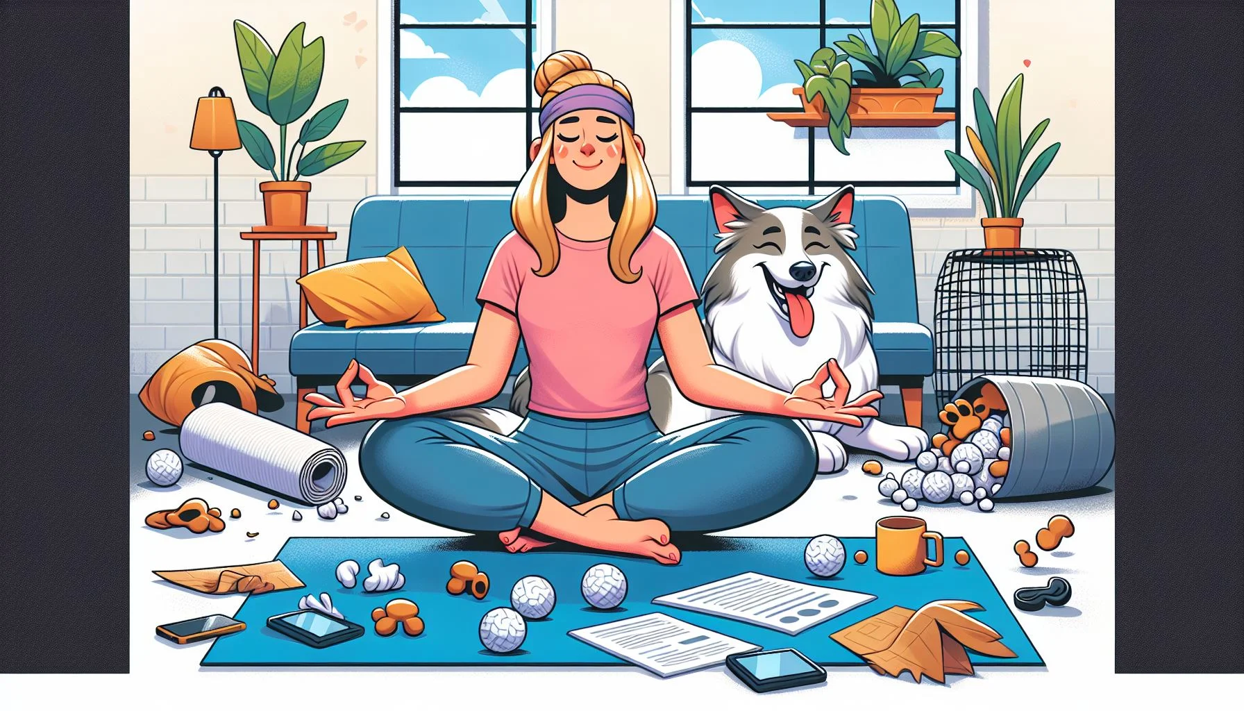 Pet Influencer meditating on yoga mat at home while pet causes chaos behind them.