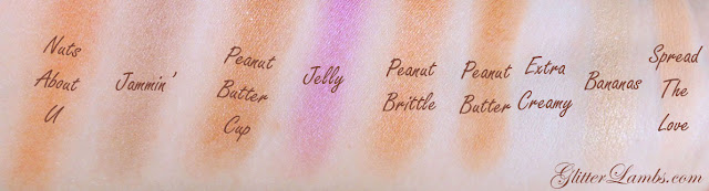 Too Faced Peanut Butter And Jelly Palette Makeup Swatches by Glitter Lambs www.GlitterLambs.com. Spread The Love, Bananas, Extra Creamy, Peanut Butter, Peanut Brittle, Jelly, Peanut Butter Cup, Jammin, Nuts About U, Eyeshadow Swatches of Too Faced makeup palette.