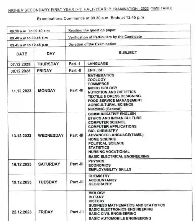 Half Yearly Exam Time Table 2023