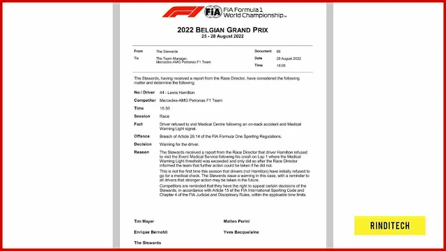 Lewis Hamilton given warning letter for refusing medical check at Belgian GP