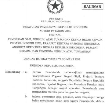 gambar Peraturan Pemerintah Nomor 19 Tahun 2016 tentang gaji 13 pns