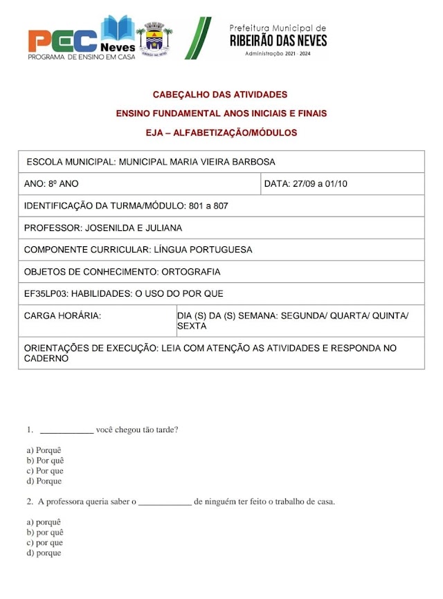 Atividade de Língua Portuguesa 8 Ano - 27/09 a  01/10 -  Professora Josenilda e Juliana