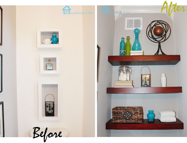 before and after of floating shelves diy