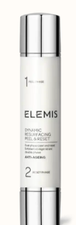 Image of Elemis Dynamic Resurfacing Peel Reset, featured in a sophisticated pump bottle with a smooth, white finish, placed on a serene, light-colored backdrop.