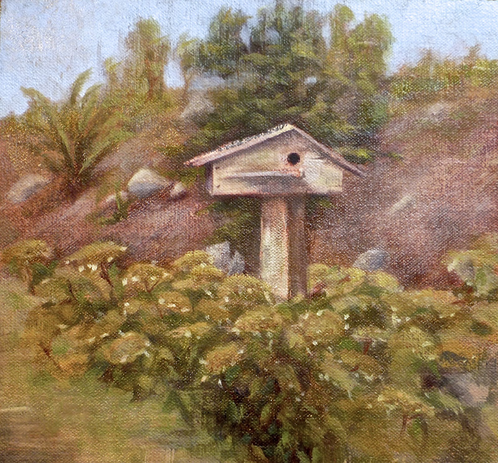 Bird house 7"x7" oil on linen on board