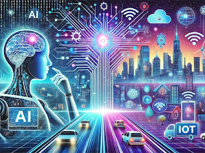 Ilustrasi futuristik menggambarkan integrasi teknologi kecerdasan buatan (AI) dan Internet of Things (IoT) di kota pintar. Tampak representasi otak AI yang terhubung dengan berbagai perangkat IoT, mobil otonom di jalan raya digital, dan gedung-gedung perkotaan modern yang dihiasi jaringan teknologi. Langit malam yang penuh dengan ikon cloud, Wi-Fi, dan data menunjukkan era transformasi digital.