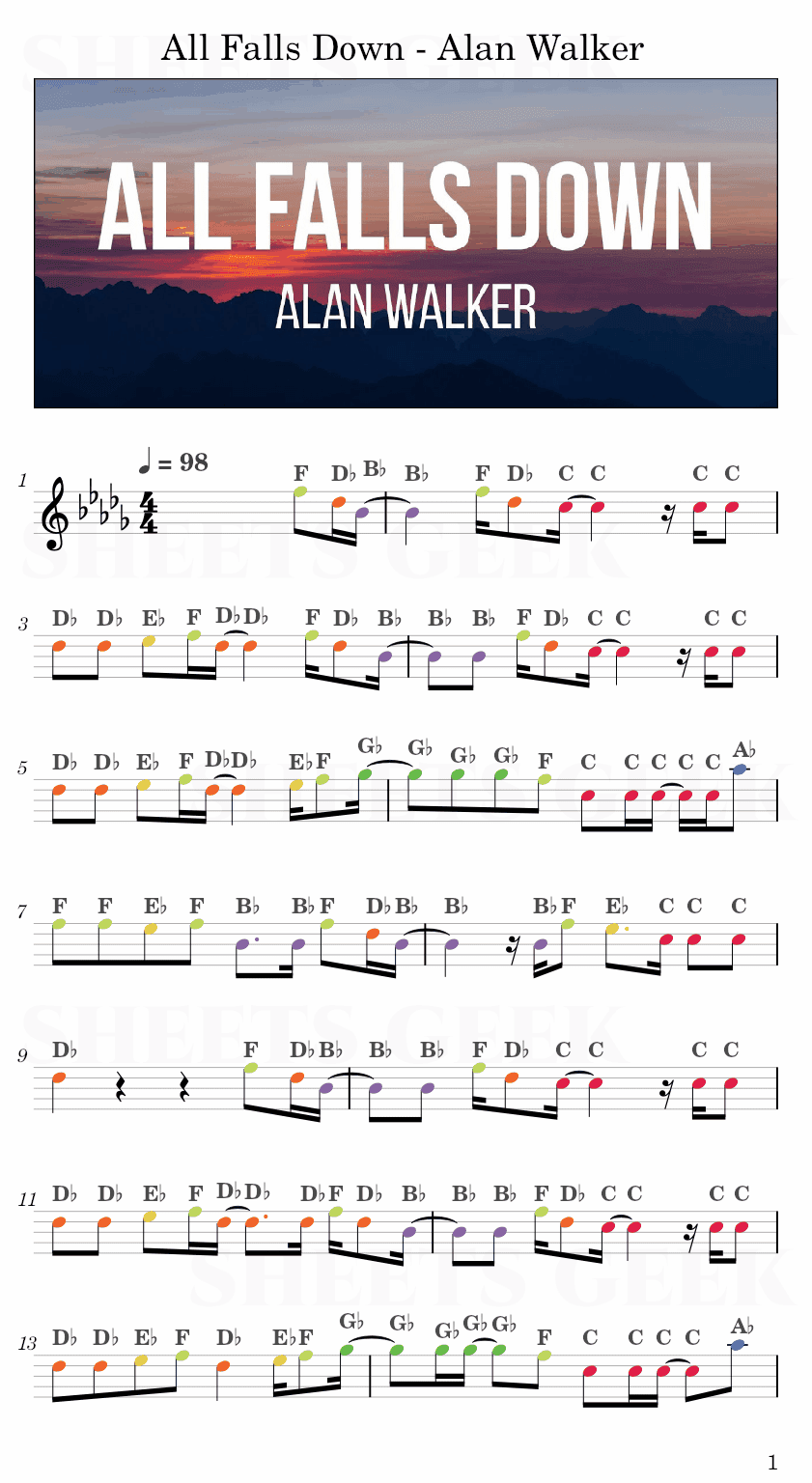 All Falls Down - Alan Walker Easy Sheet Music Free for piano, keyboard, flute, violin, sax, cello page 1