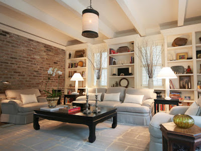 living room design with brick wall