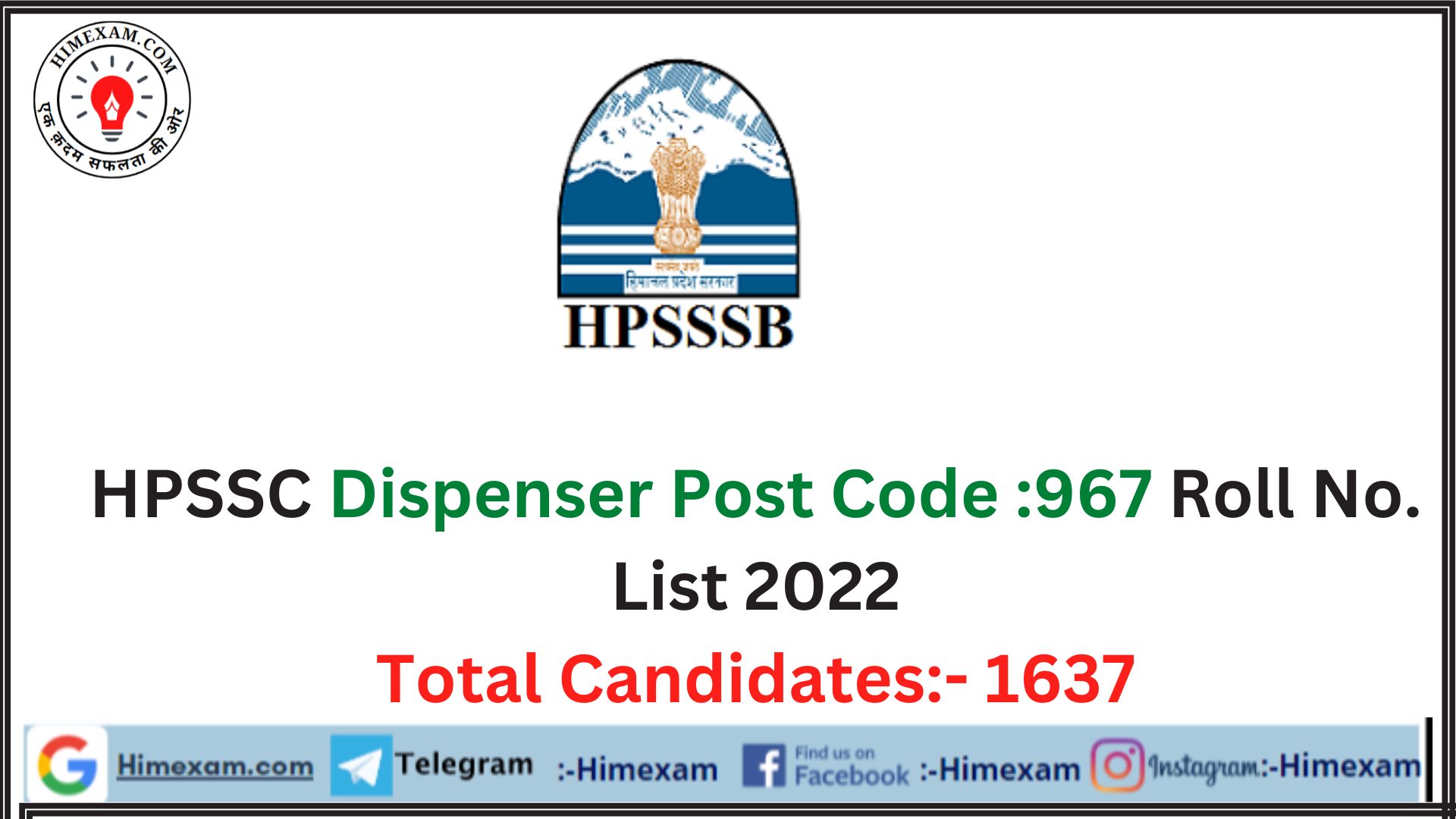 HPSSC Dispenser Post Code :967 Roll No. List 2022