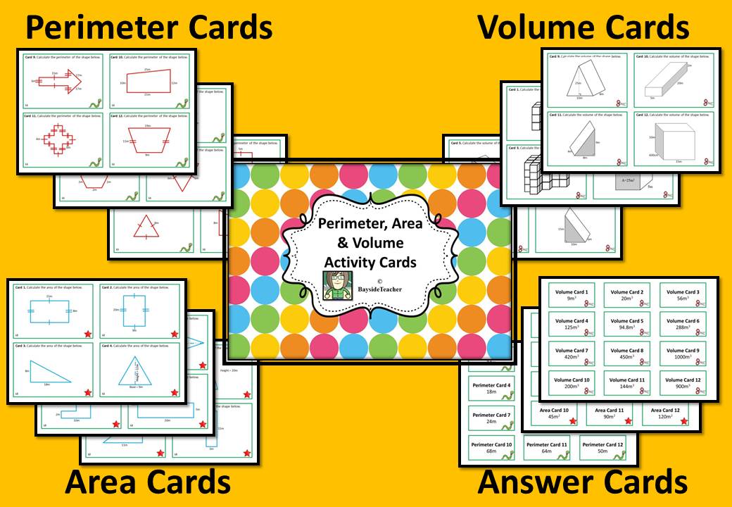 http://www.teacherspayteachers.com/Product/Perimeter-Area-Volume-Math-Center-Cards-1-311295