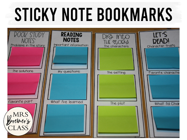 Sticky Note Bookmarks students use to take notes during reading with editable options for Kindergarten First Grade and Second Grade