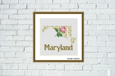Maryland state map rose ornament cross stitch pattern