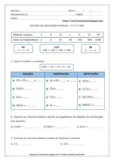 SISTEMA DE NUMERAÇÃO ROMANO – 4° E 5º ANO