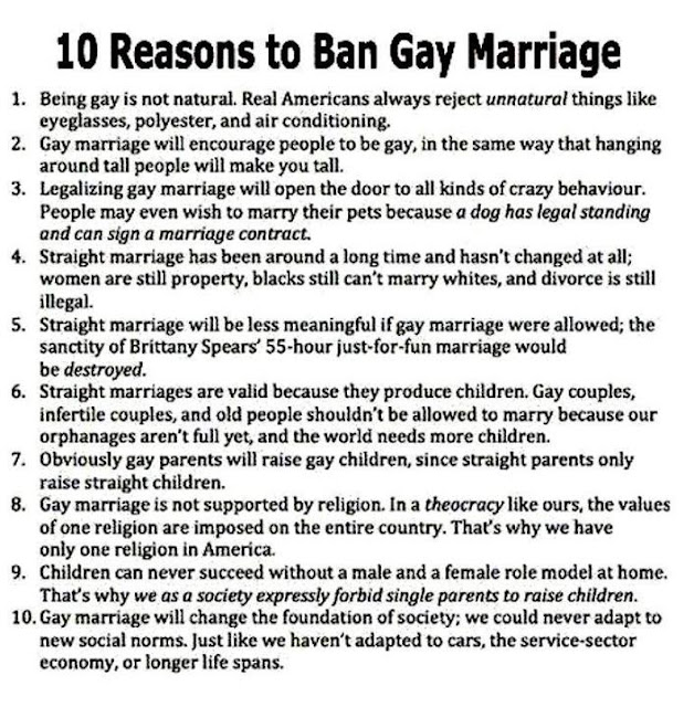 10 Raesons to Ban Gay Marriage