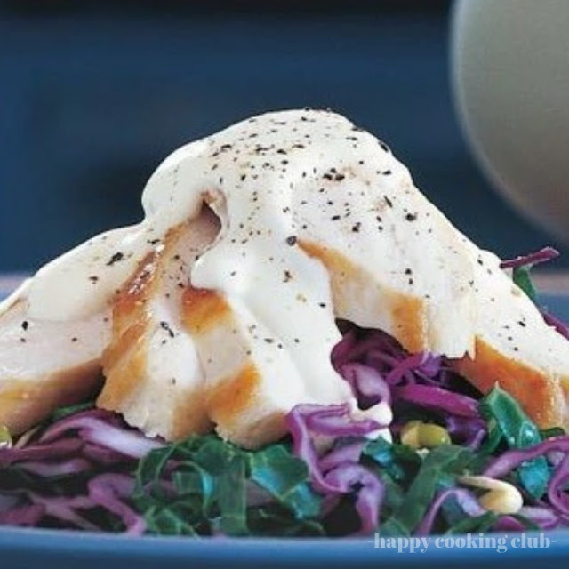 Silver beet & red cabbage salad with pan-fried chicken