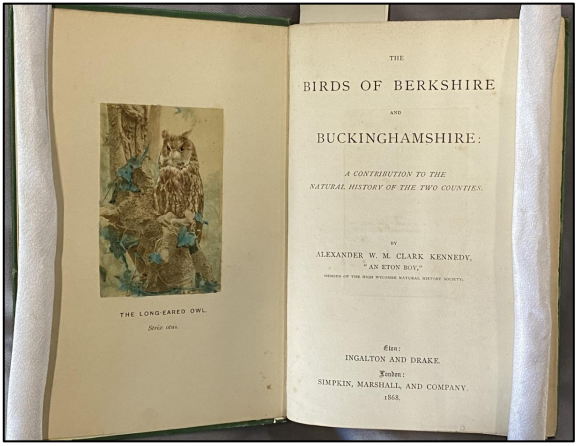 Hand-coloured albumen print frontispiece and title page of Alexander W. M. Clark Kennedy, ‘The Birds of Berkshire and Buckinghamshire’ (UCD SC Store 598.094229 KEN)