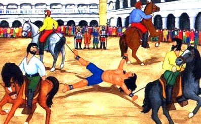 Ilustración de Túpac Amaru II siendo jalado por caballos a color